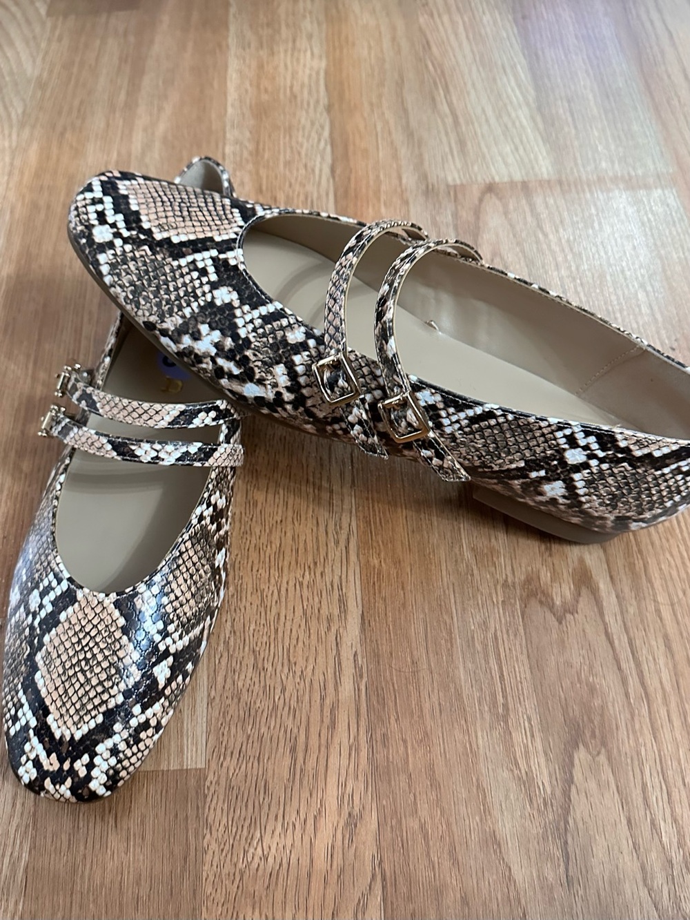 Unisa Snake-Print Double-Strap Mary Jane Flats in Beige and Black
